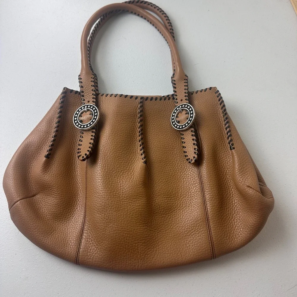Brighton Shoulder Bag Womens Medium Tan Leather Whipstitch Silver Hardware Boho
